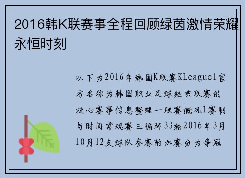 2016韩K联赛事全程回顾绿茵激情荣耀永恒时刻